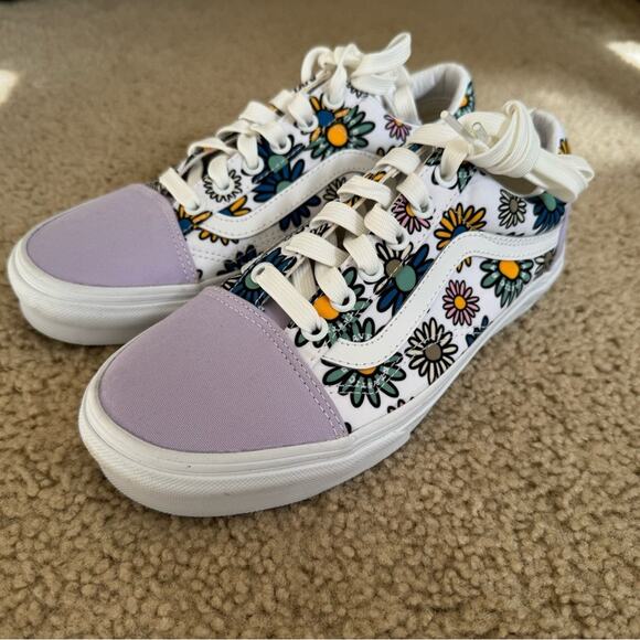 Vans Off The Wall Low Top Sneakers in White/Purple Floral Print, Size 7 - Picture 1 of 12